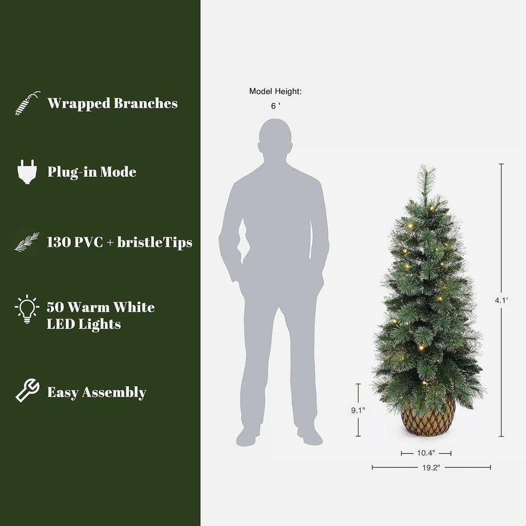 luxenhome 4ft small christmas tree, prelit slim potted, close-up detail