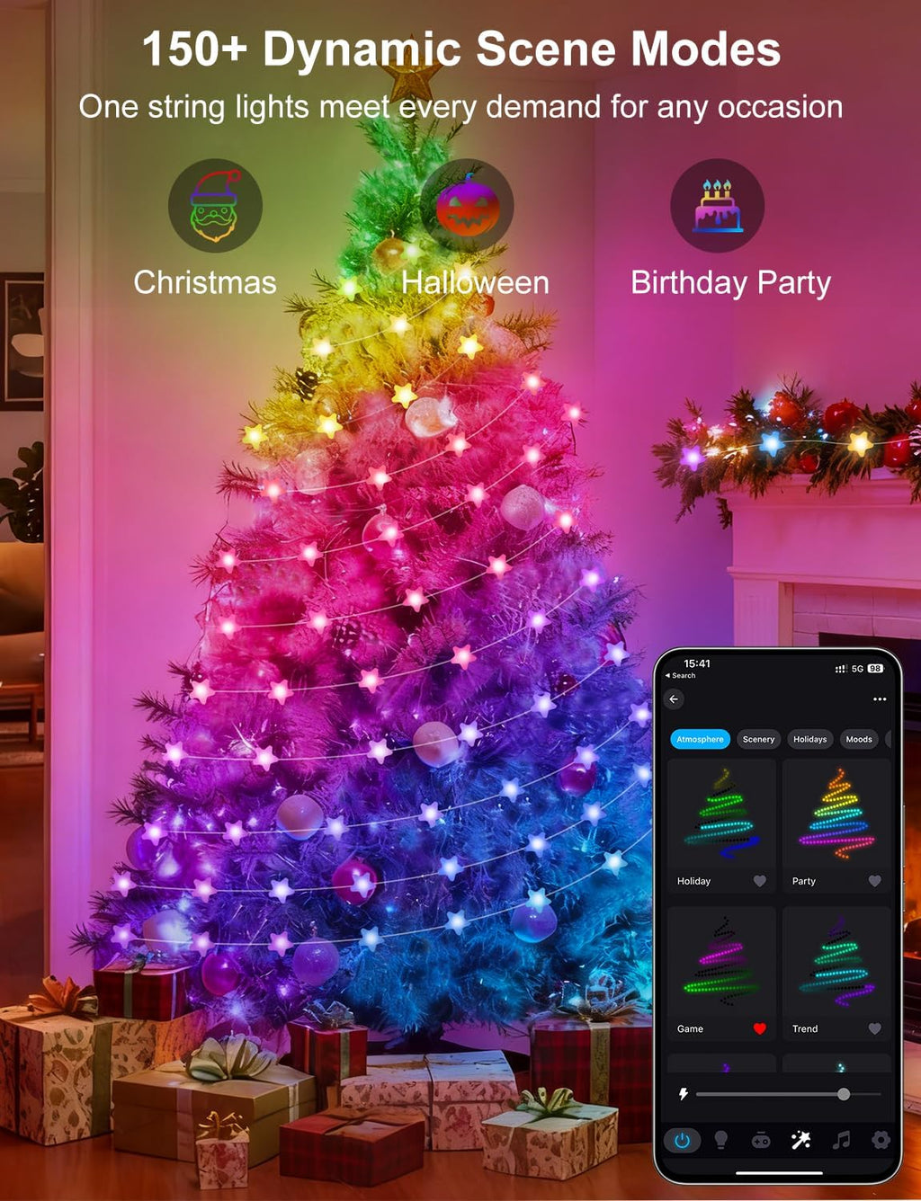 Smart Star Fairy Lights Color Changing String Lights APP Control for Dorm | 33Ft 66LED, 16 Million Colors, Remote, DIY, Music Sync, Twinkle Lights for Kid's Bedroom Classroom Christmas Decor,USB Plug