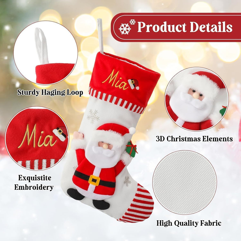 Personalized Christmas Stockings with Embroidered Name & Monogram,Custom 3D Xmas Character Stocking 1 Pack 18” Large,Santa,Snowman & Reindeer Fireplace Hanging Red Burlap Plaid Stockings(A)