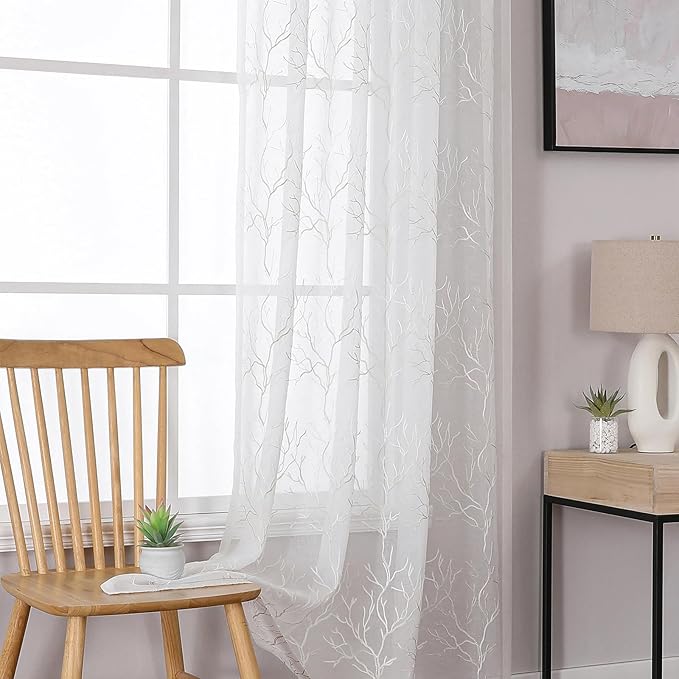 VISIONTEX Sheer Curtains 84 inch Length 2 Panels Set, Decorative Beige Coral Embroidery, Rod Pocket Embroidered Window Drapes for Living Room and Bedroom, 54" x 84"
