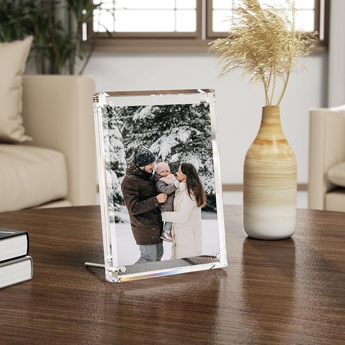 NIUBEE Picture Frames 5x7 Acrylic, Clear Photo Frame for Living Room, Diamond Edge Design, Magnetic Family Thick Desktop floating Frame, 3 Pack