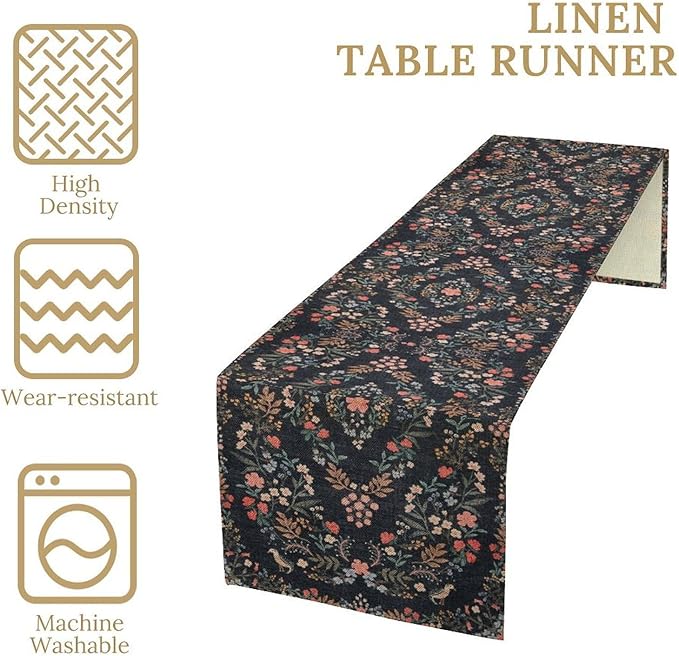 Morris Flower Table Runner, Vintage Blue Floral Rustic Country Style Floral Print Pattern for Home Kitchen Table Decor Dining Coffee Room Garden Party Decor 13x36in