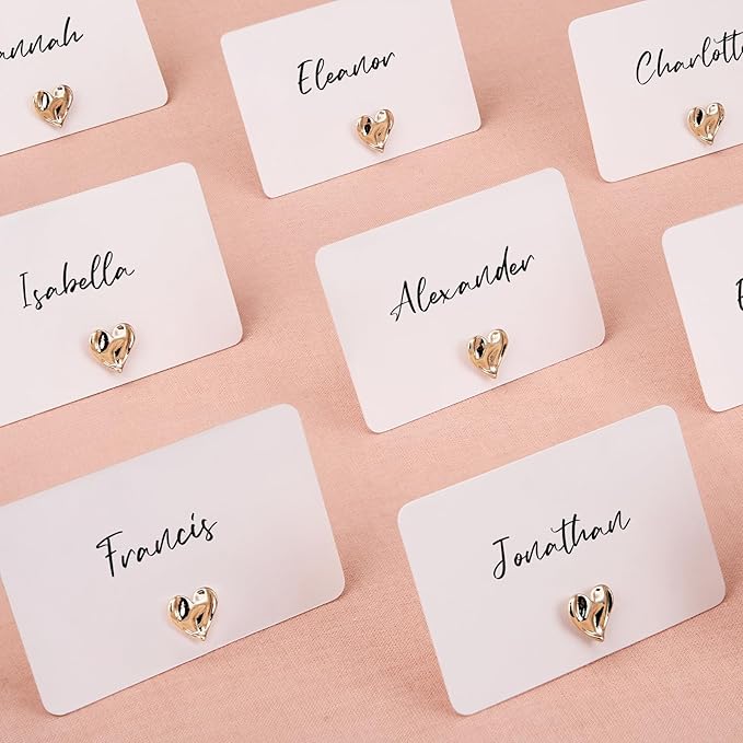 UNIQOOO 12Pcs Decorative Gold Love Heart Place Card Holders Bulk, Romantic Name Card Stands Set, for Wedding Engagement Decor, Table Setting, Business Card, Name Tag, Party Food Labels