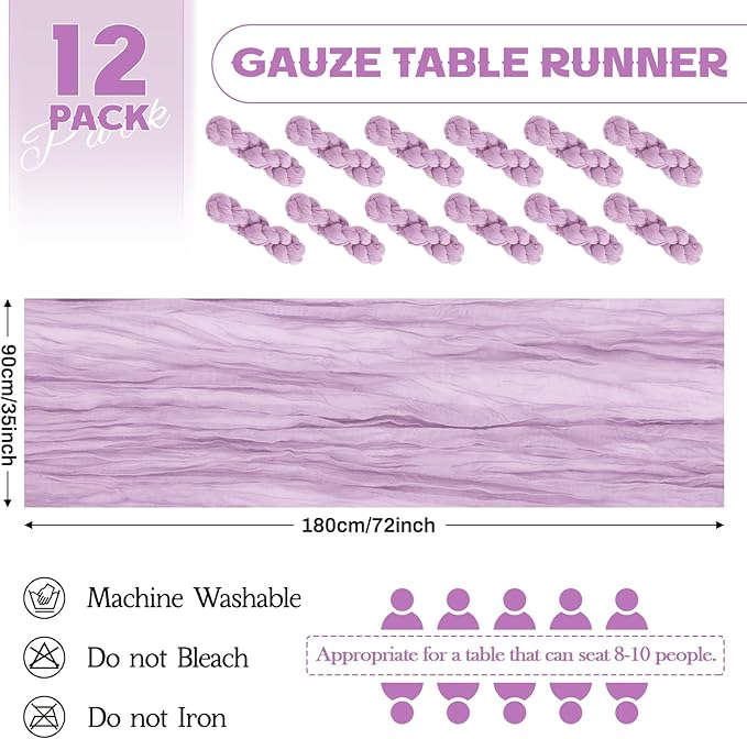 Aktor 12 Pack Lavender Table Runner Boho Cheesecloth Table Runner Semi Sheer Gauze Fabric Runners for Wedding Birthday Baby Shower Party Boho Table Decoration（Lavender）