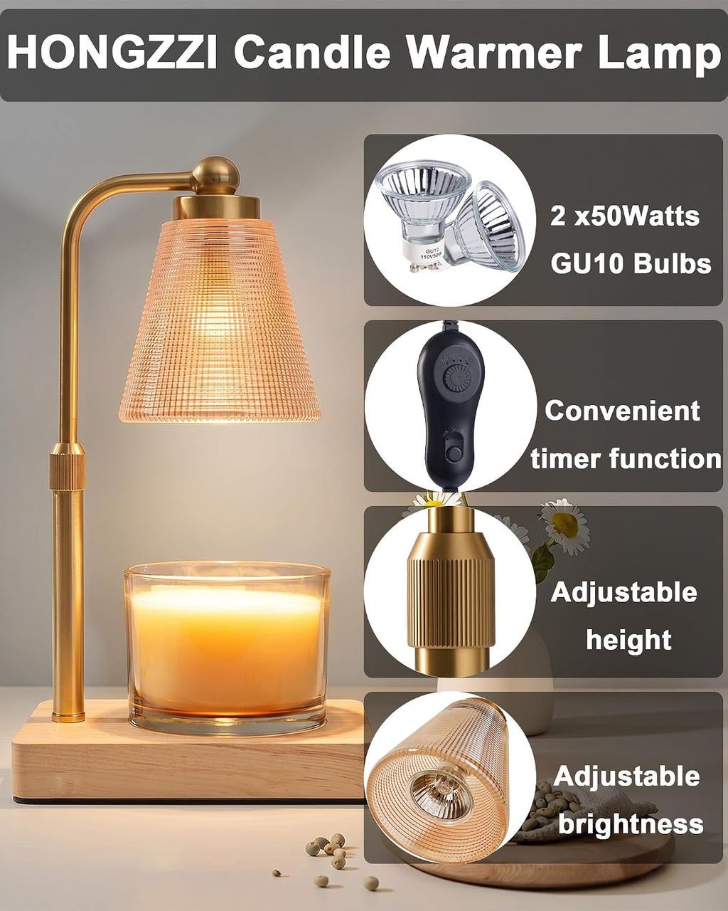 Candle Warmer Lamp with Timer - Adjustable Height & Brightness - Wood Base Glass Shade - 2 Bulbs Included(Square Gold)