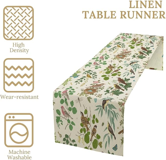 Vintage Bird Flower Table Runner Seasonal Spring Summer Garden Plants Farmhouse Country Kitchen Dining Table Decoration for Home Party Holiday 13"x108"