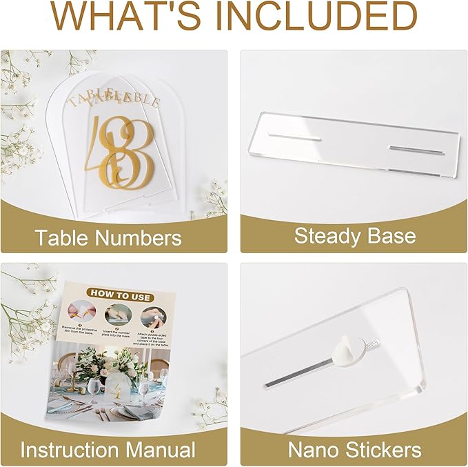 Wedding Table Numbers 1-15 Clear Acrylic Seating Number Signs for Weddings Reception Anniversary Party Decor Seat Number for Tables with Elegant Gold Lettering