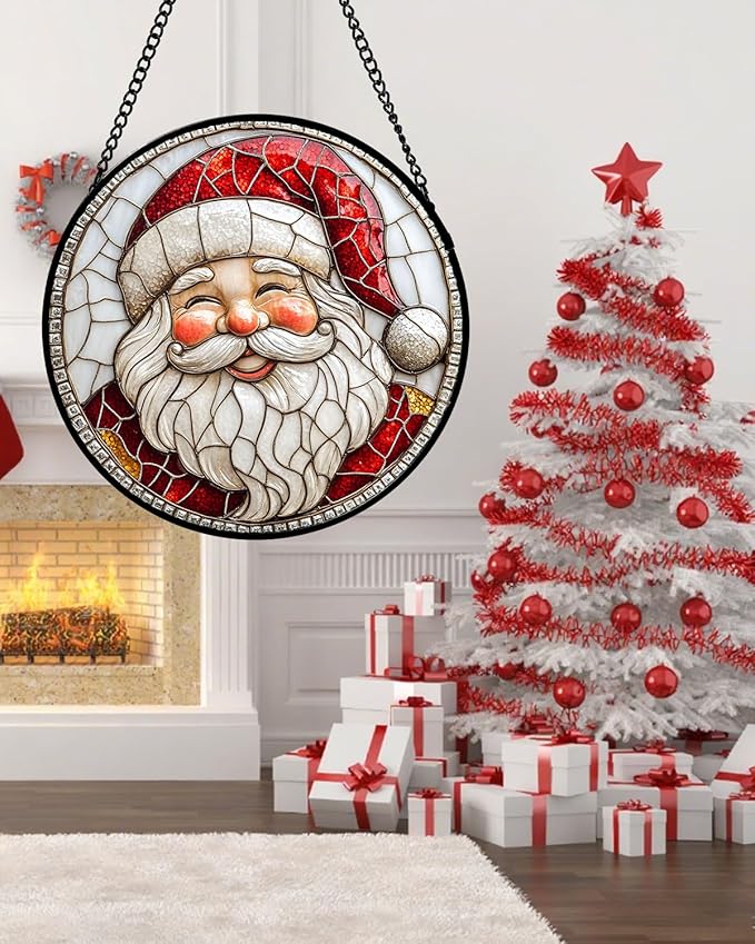 Stained Glass Window Hanging - Red White Santa Claus Suncatcher for Doors Home Christmas Decoration Winter Sun Catcher Thanksgiving New Year Birthday Gifts for Women Men Mom Nana Girl 7.8 in