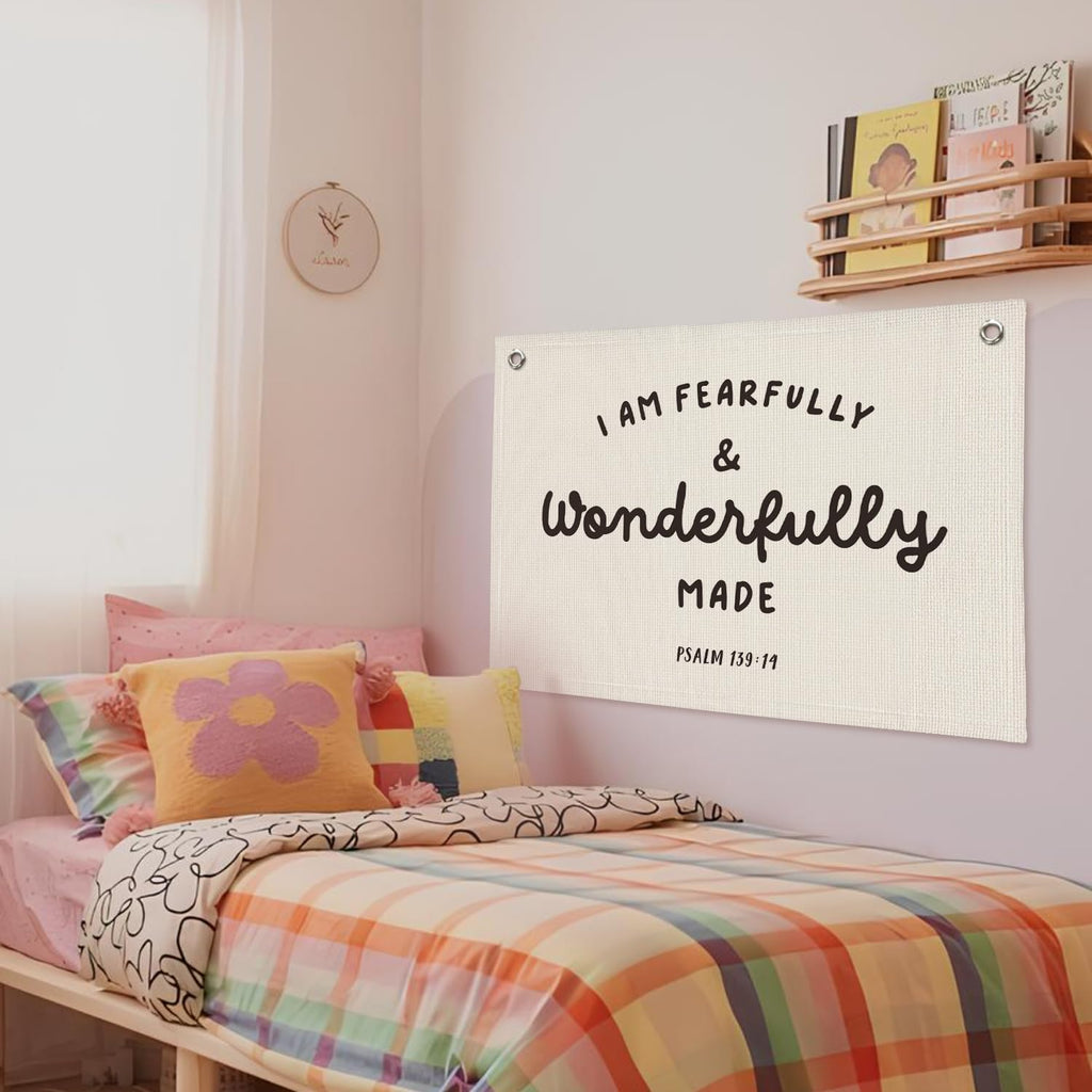 Kids Room Decor - Bible Verse Wall Hanging, 'I am Fearfully and Wonderfully Made' Linen Banner, Canvas Decoration for Classroom, Nursery, Kids Room