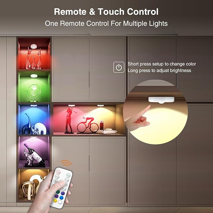 RGB Puck Lights with Remote Control, 2000mAh Rechargeable Stick on Led Lights, 9 Colors & 2 Dynamic, Tap Light with Timing,Under Cabinet Lighting for Closet,Kitchen,Cabinet,Shelf(White, 3 Pack)