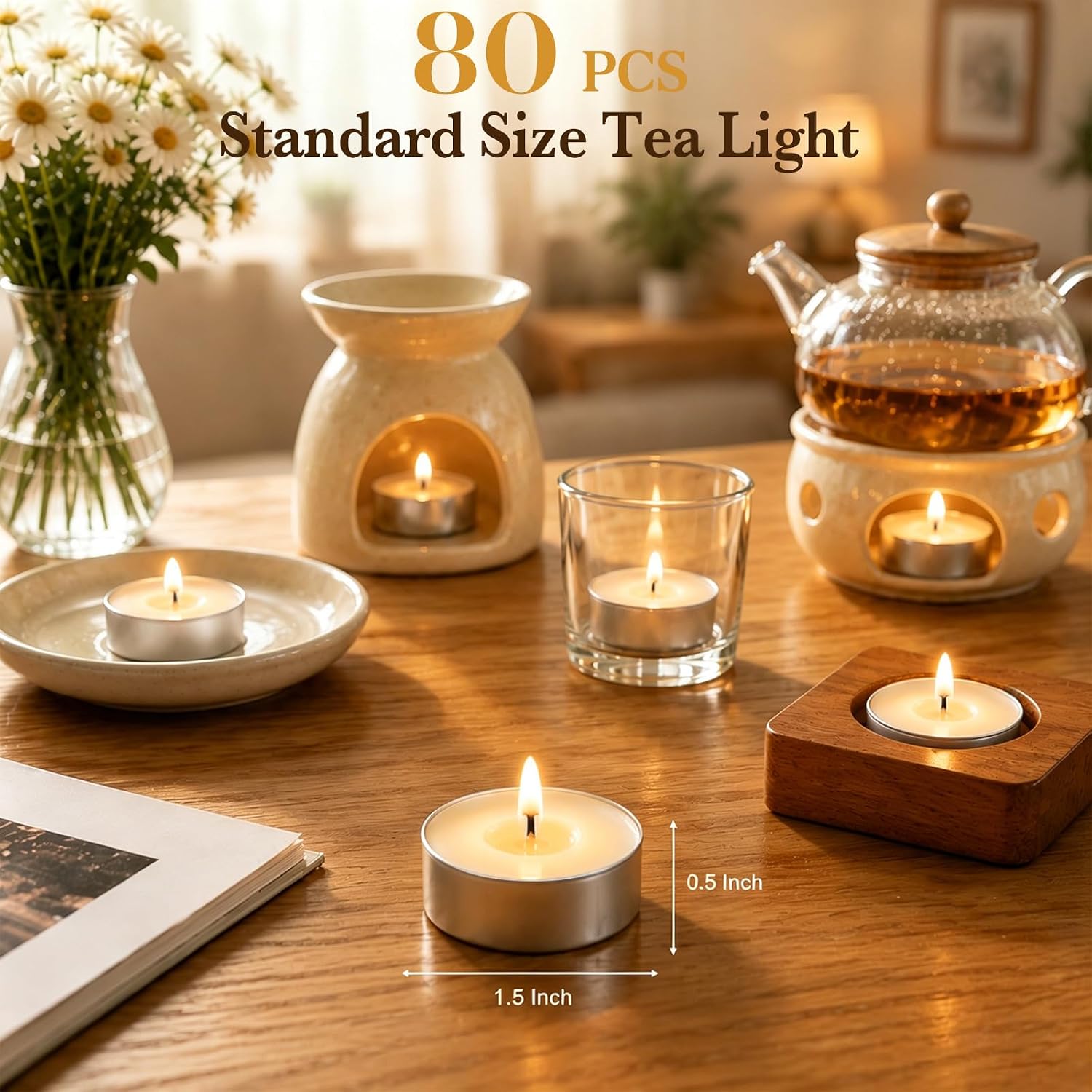 Tea Lights Candles 80 Pack, 4 Hour Palm Wax White Tealight Candle Bulk for Home, Natural Unscented Small Votive for Wax warmer, Smokeless and Dripless Tea Light for Wedding, Shabbat, Emergency