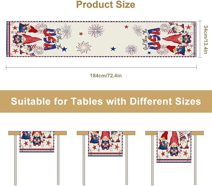 Cute Patriotic Gnomes Table Runner, American Independence Day 4th of July Gnome Blue Red Fireworks Confetti Print Table Runner for Home Kitchen Dining Table Party Decor, 13x120inch