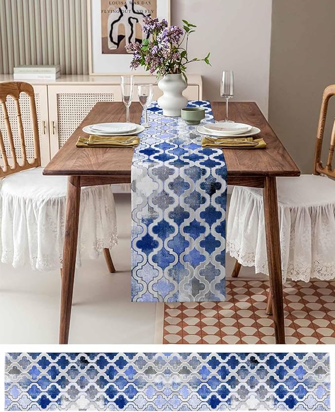 Blue Morocco Plaid Cotton Linen Table Runner for Dining Kitchen, Wedding Outdoor Party Tablerunners Decoration, Distressed Abstract Painted Vintage Dresser Scarf Coffee Tablecloth Runners 13x90 Inches