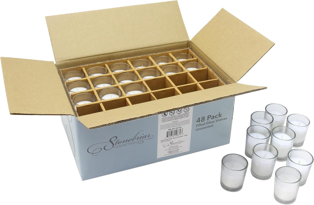 Stonebriar 12 Hour Long Burning Unscented Wax Filled Votive Holders, 48 Pack, White