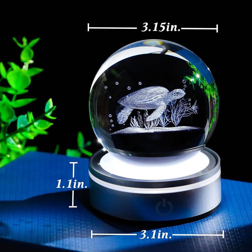Movdyka Sea Turtle Gifts for Women Men 3D Sea Turtle Decor Statue | Turtle Crystal Ball Night Light Laser Engraved Sea Turtle Ornament Figurine Glass Snow Globe Room Decorations Crafts