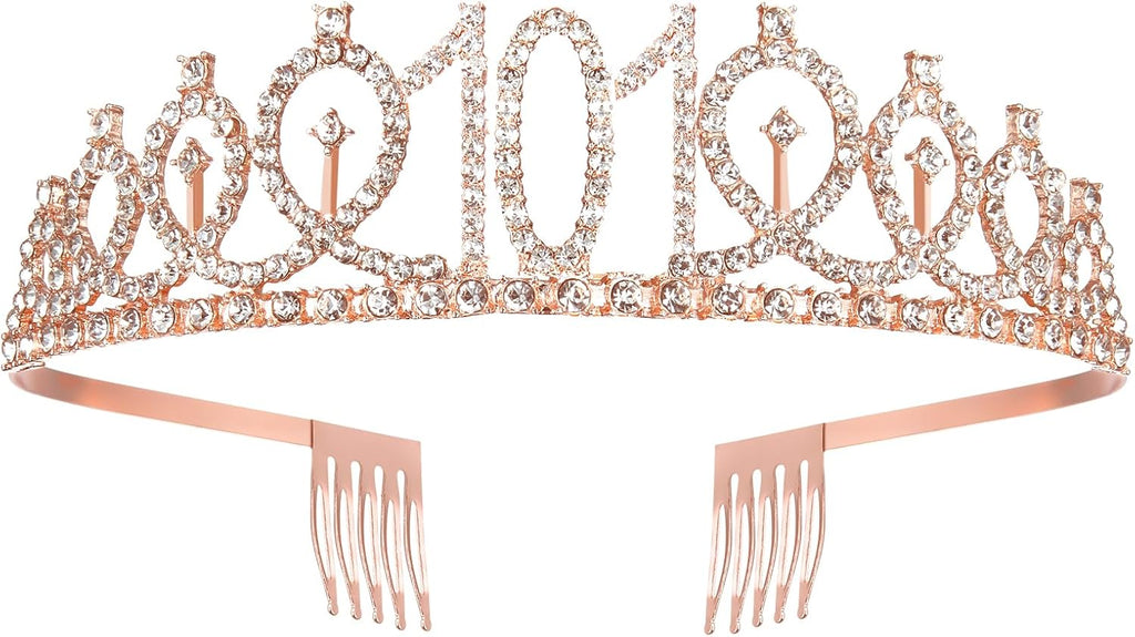 BRT Bearingshui 101st Birthday Tiara and Sash for Woman, Rose Gold Tiara and Sash for 101st Birthday Party Favor Supplies
