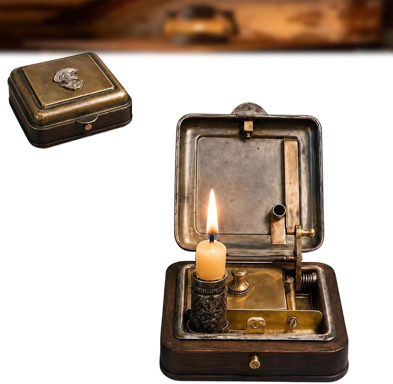 Mechanical Candle Box, Vintage Pocket Lighter & Candle Holder with Snuffer, Antique Brass Wind-Up Travel Candle Vault for Desk Decor, Camping, Collectors
