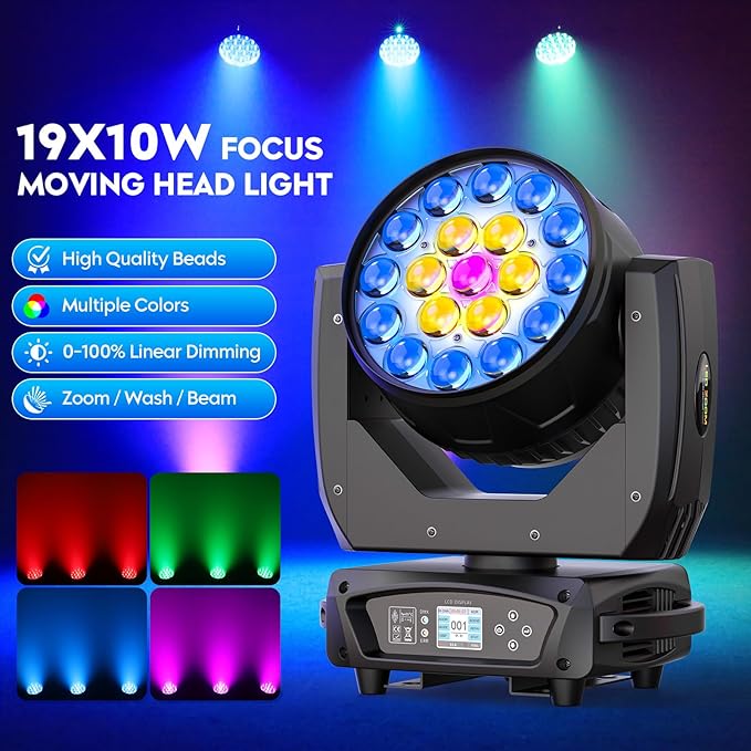 19x10W Moving Head Light Focusing/Beam/Wash/Zoom Effect Stage Lights 4-in-1 LED DMX512 & Sound Activated Control for DJ Disco Nightclub KTV Bar Theater Shopping Mall (2 PCS)