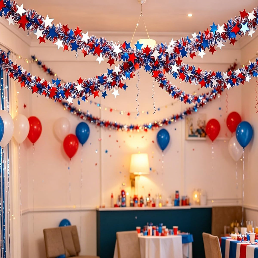 4th of July Red White Blue Star Tinsel Garland - 33 Ft Memorial Day Patriotic Decoration Independence Day Metallic Tree Fine Filament Garland Glitter Tinsel Hanging Twist for Veterans Day Decor