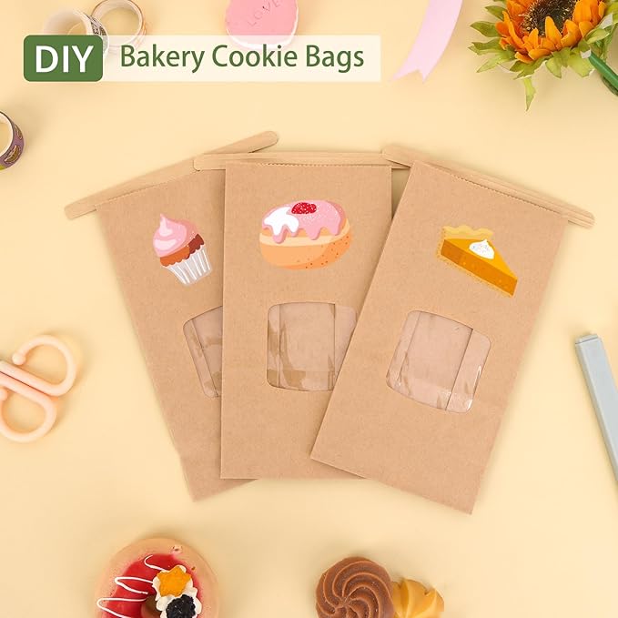 Moretoes 55pcs Small Bakery Bags with Window, 3.54x2.36x6.7in Tin Tie Tab Kraft Paper Bags for Cookie Coffee Bread Bakery Packing