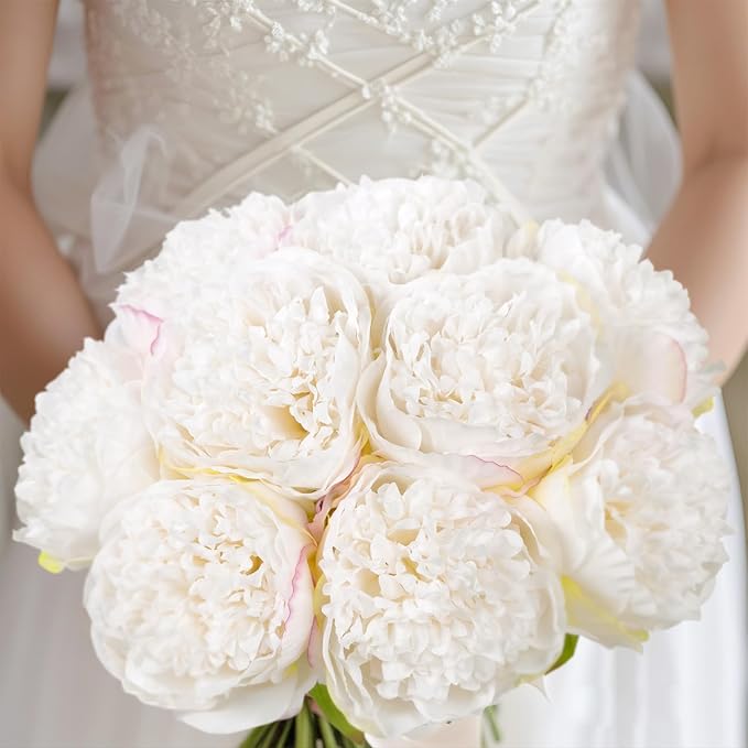 U'Artlines 20 Heads Artificial Peony Silk Flower Leaf Home Office Wedding Party Festival Bar Decor (Cream White)