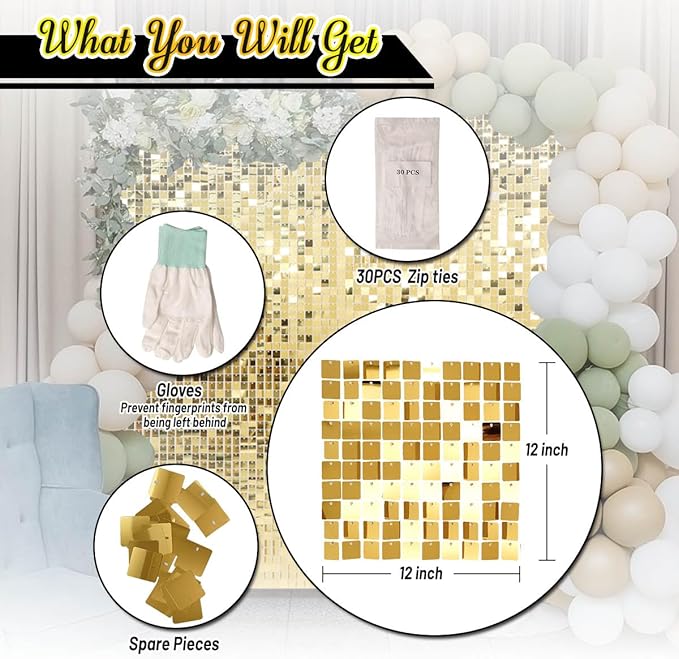 Kate Square Light Gold Sequin Wall Panels Shimmer Wall Birthday Party Backdrop Decorations (Pack of 12)