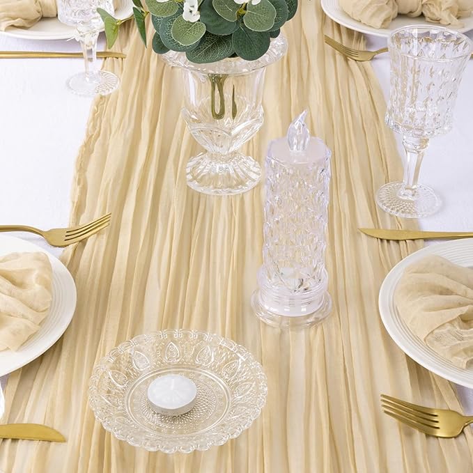 12Pcs Shallow Khaki Cheesecloth Table Runner 120 Inch10FT Champagne Rustic Boho Cheesecloth Table Runnerfor Wedding Party Baby Shower Birthday Home Decor Holiday Decorations