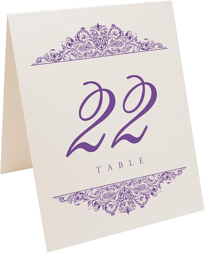 Paisley Wedding Table Numbers (Select Color/Quantity), Champagne, Purple, 1-25, Double Sided, Tent or Use in a Stand, Great for Parties & Restaurants - Made in the USA