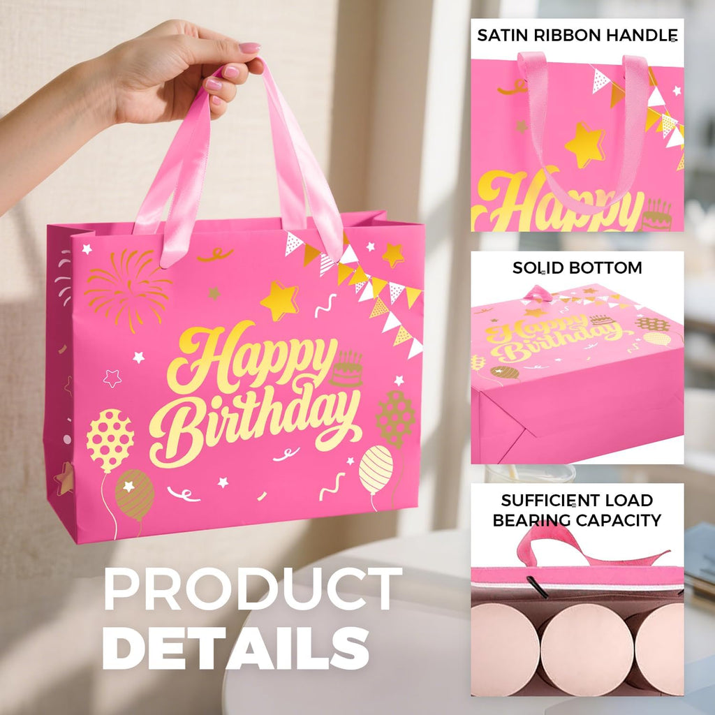 13” Pink Birthday Gift Bag with Tissue Paper and Greeting Card, Happy Birthday Gift Bags for Party, Hot Foil Stamping Design Gift Wrap Bags Decor for Women and Kids, 1 PCS, Medium Size