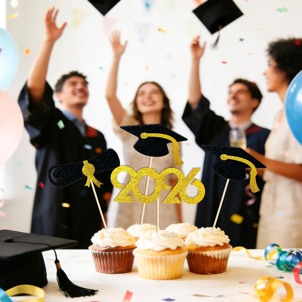 2026 Graduation Cupcake Toppers 48 Pack, Pre-Assembled Food & Appetizer Picks, Black Gold Grad Cap & Diploma Cupcake Decorations for Graduation Party