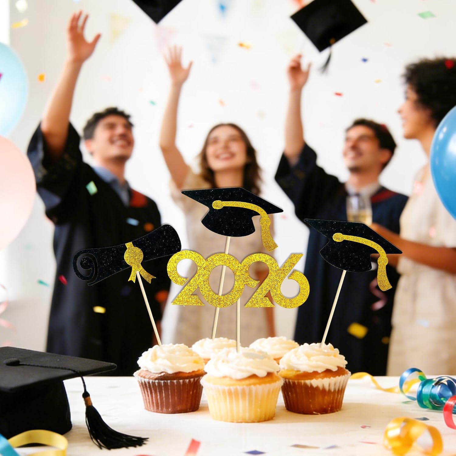 2026 Graduation Cupcake Toppers 48 Pack, Pre-Assembled Food & Appetizer Picks, Black Gold Grad Cap & Diploma Cupcake Decorations for Graduation Party