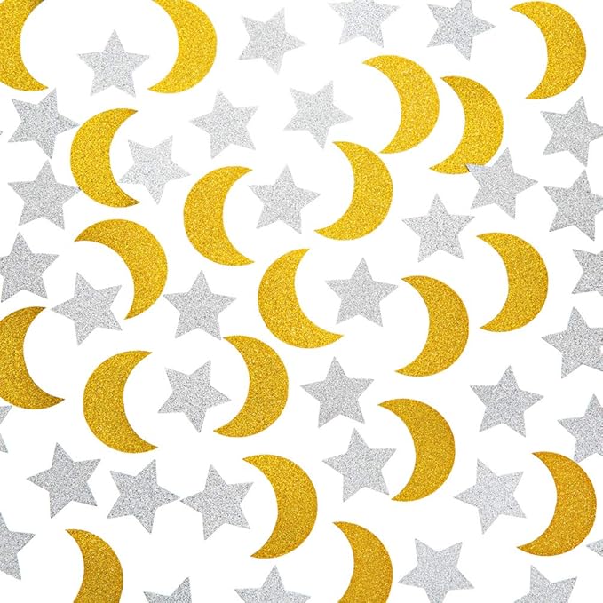 Glitter Confetti Star and Moon for Table Wedding Birthday Eid Party Decoration, 1.2 inch in Diameter(gold,silver,200pc)