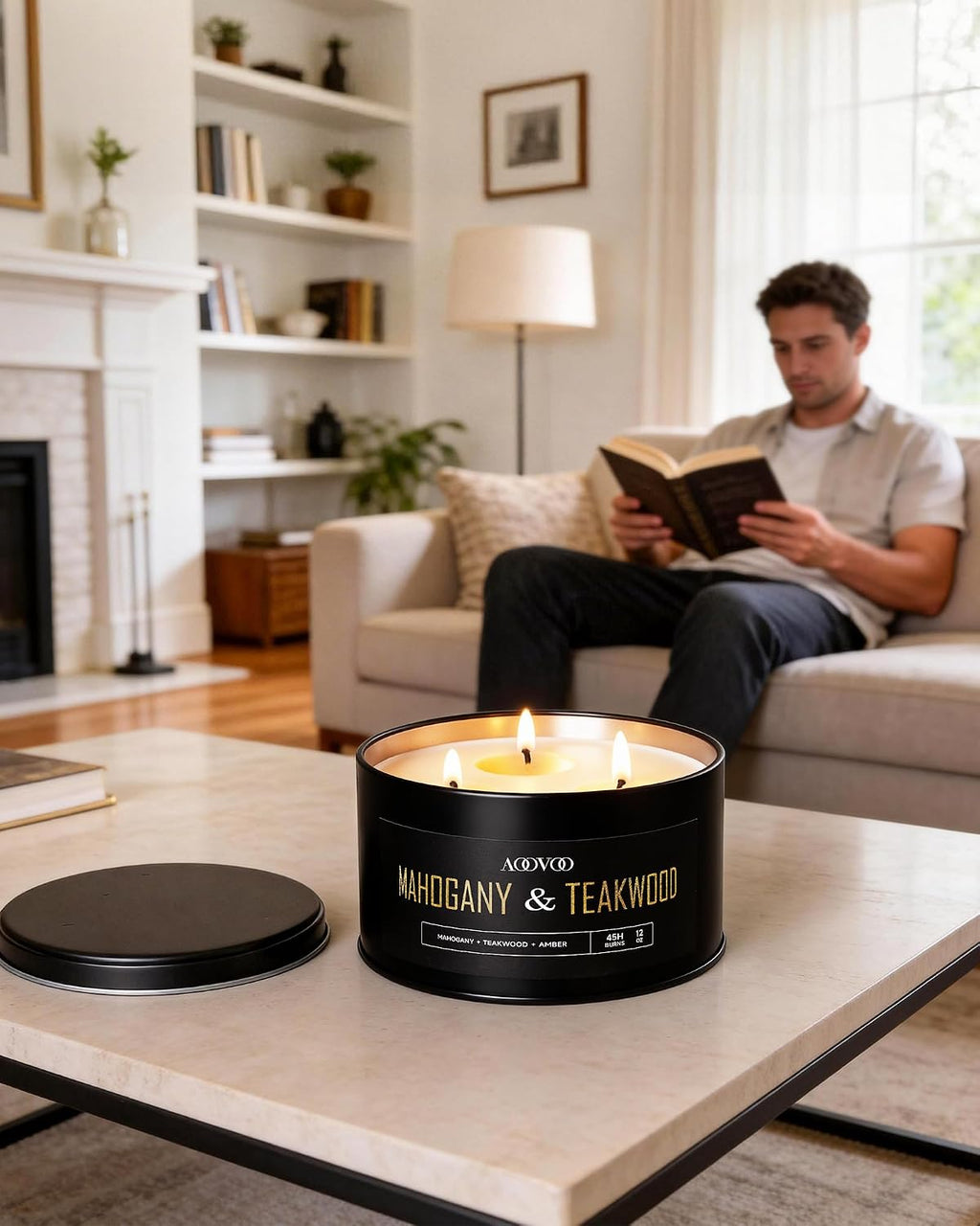 AOOVOO Mahogany Teakwood Candles for Men - 3 Wick 12oz Large Scented Candle, Long Lasting Soy Candles for Home Scented, Strong Fragranced Masculine Black Candle Gift for Father Day, Women & Men