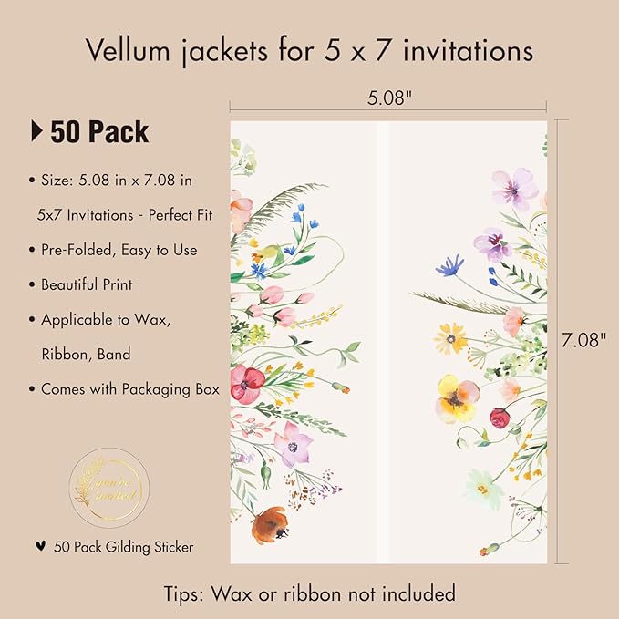 50 Pack Pre-Folded Vellum Jackets for 5x7 Invitations,AZAZA Pretty Translucent Invitation Sleeves,115GSM Vellum Jackets 5x7, Wedding Invitation Accessories,for Weddings Birthdays,Wildflowers