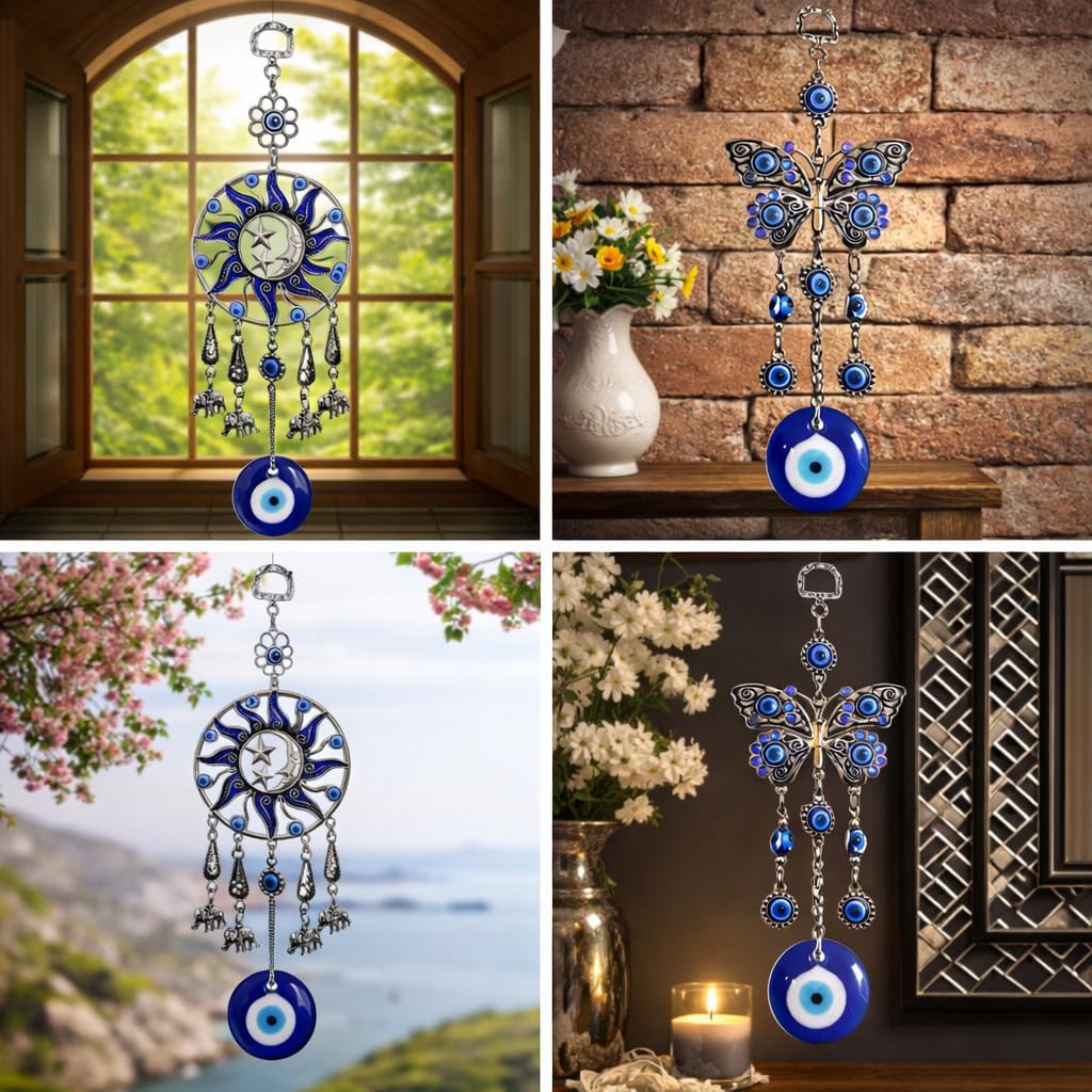 Betterdecor Turkish Blue Evil Eye Hanging Ornament, Butterfly & Sun Moon