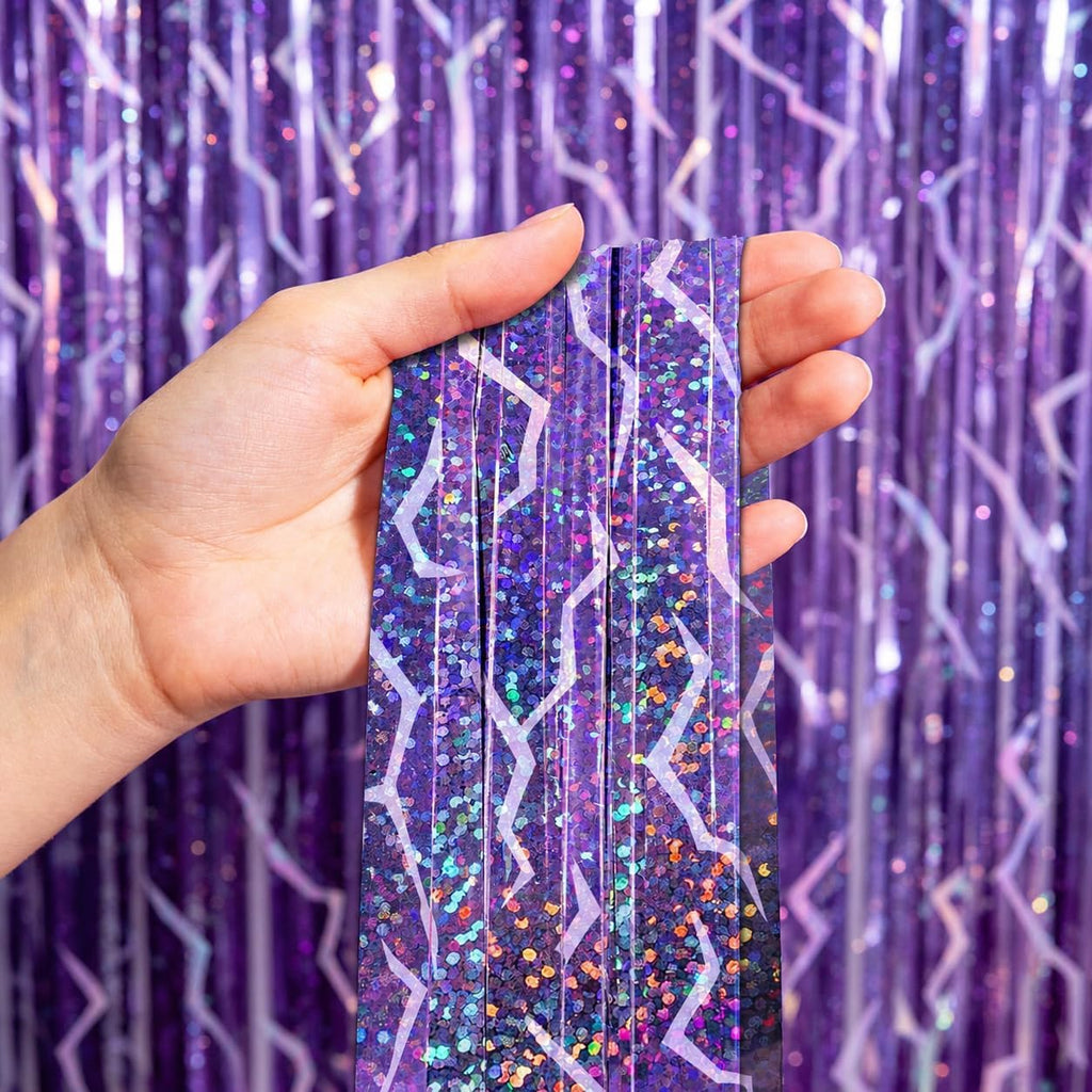 2 Pack K-STYL Purple Foil Fringe Curtains Party Decorations - 3.3 ft x 6.6 ft Energy Pattern Sparkling Holographic Laser Foil Curtain for Girls Disco Bachelorette Party Supplies