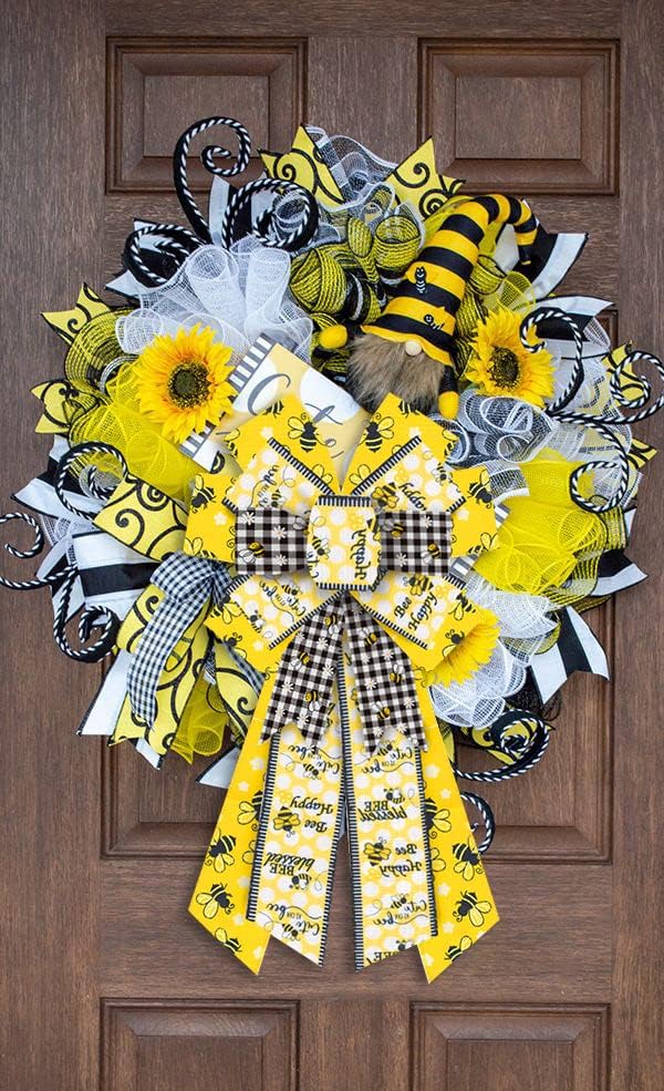 Estivaux Large Bumble Bee Bows for Wreath, Happy Bee Wreath Bows Yellow Burlap Bows White Black Buffalo Plaid Bows Spring Holiday Tree Topper Bows for Front Door Spring Birthday Farmhouse Decorations