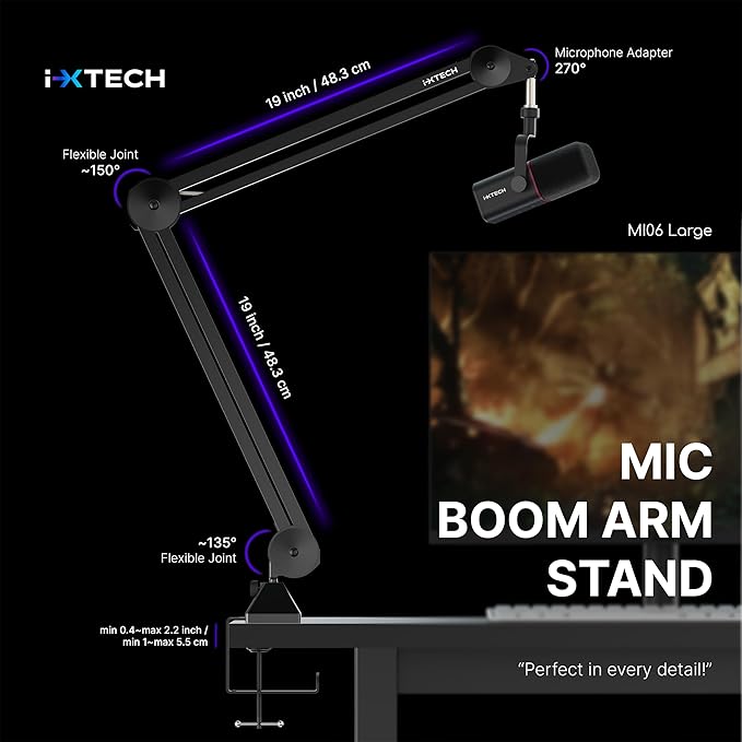 IXTECH Microphone Boom Arm Stand, Heavy Duty Adjustable Mic Stand with Cable Ties, Desk Mount Arm Stand for Gaming Streaming Podcasting.