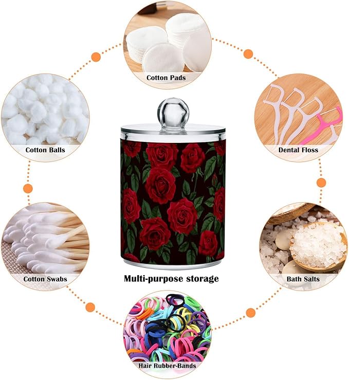 Gredecor Qtip Holder Dispenser 2 Pack Red Rose Flowers Leaves Bathroom Decorative Storage Canister Holder Counter Vanity Organizer for Cotton Ball Swabs Pads Floss