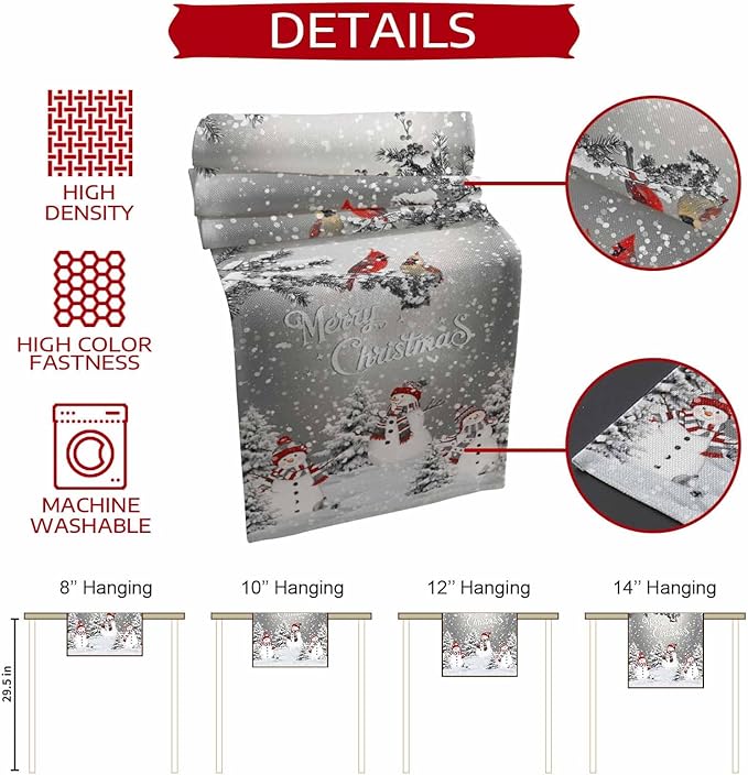 Christmas Snowman Cotton Linen Table Runner for Dining Kitchen, Snowflakes Xmas Pine Tree Wedding Outdoor Party Tablerunner Decoration Winter Bird Dresser Scarf Coffee Tablecloth Runners 13x70 Inches