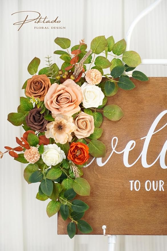 Wedding decor (pack of 2) Welcome Sign Flower Backdrop Garland For Ceremony Reception Wall Easel Home Decoration Entryway Faux Outdoor Board Head Table Decor (Orange & Terracotta)