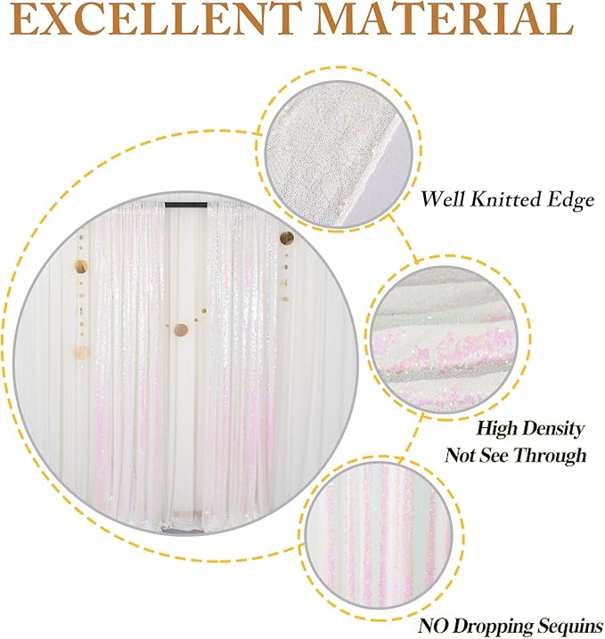 ShinyBeauty 2PCS 4x7FT Iridescent White Sequin Backdrops| Sparkle Photo Background for Parties & Events | Elegant & Durable Shimmer Backdrop Curtain Panels