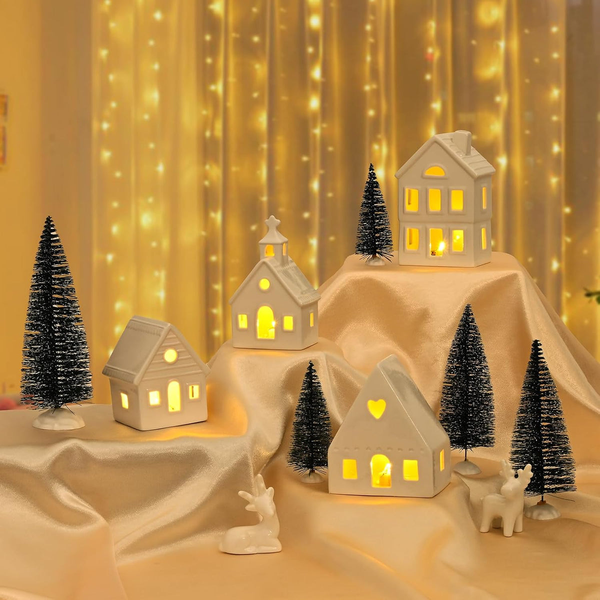 ktinnead 11 pcs christmas village sets-white ceramic indoor, front angle view