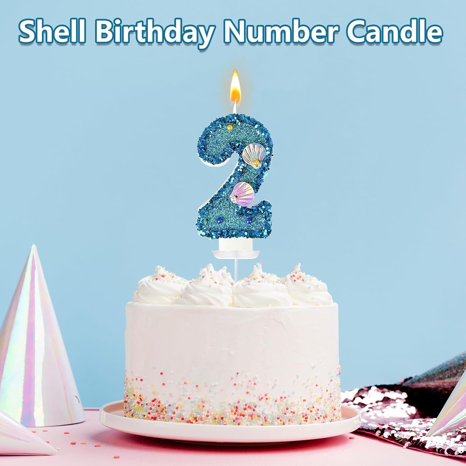Blue Shell Sequin Number Candle Birthday Cake Number Candle for Mermaid Theme Party, Wedding, Party, Party Decoration Supplies (2)