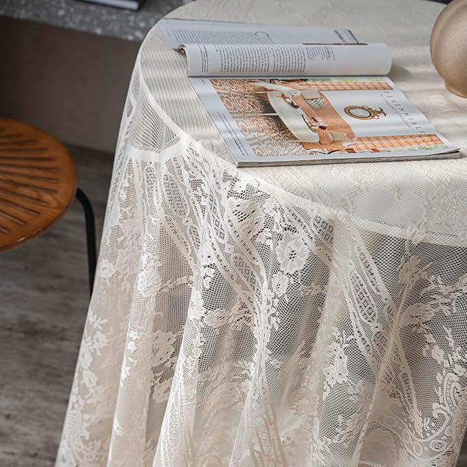 Vintage 60 inch Beige Lace Tablecloth Floral Embroidered Boho Shabby Chic Small Table Cover for Wedding Halloween Party Dinning Holiday, 1 Piece
