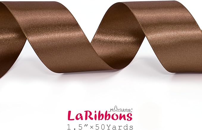 LaRibbons Brown Satin Ribbon 1 1/2 Inch 50 Yards Thin Luxury Double Faced Mocha Mousse Silk Ribbon for Flower Bouquet Crafts Gift Wrapping Wedding Decoration