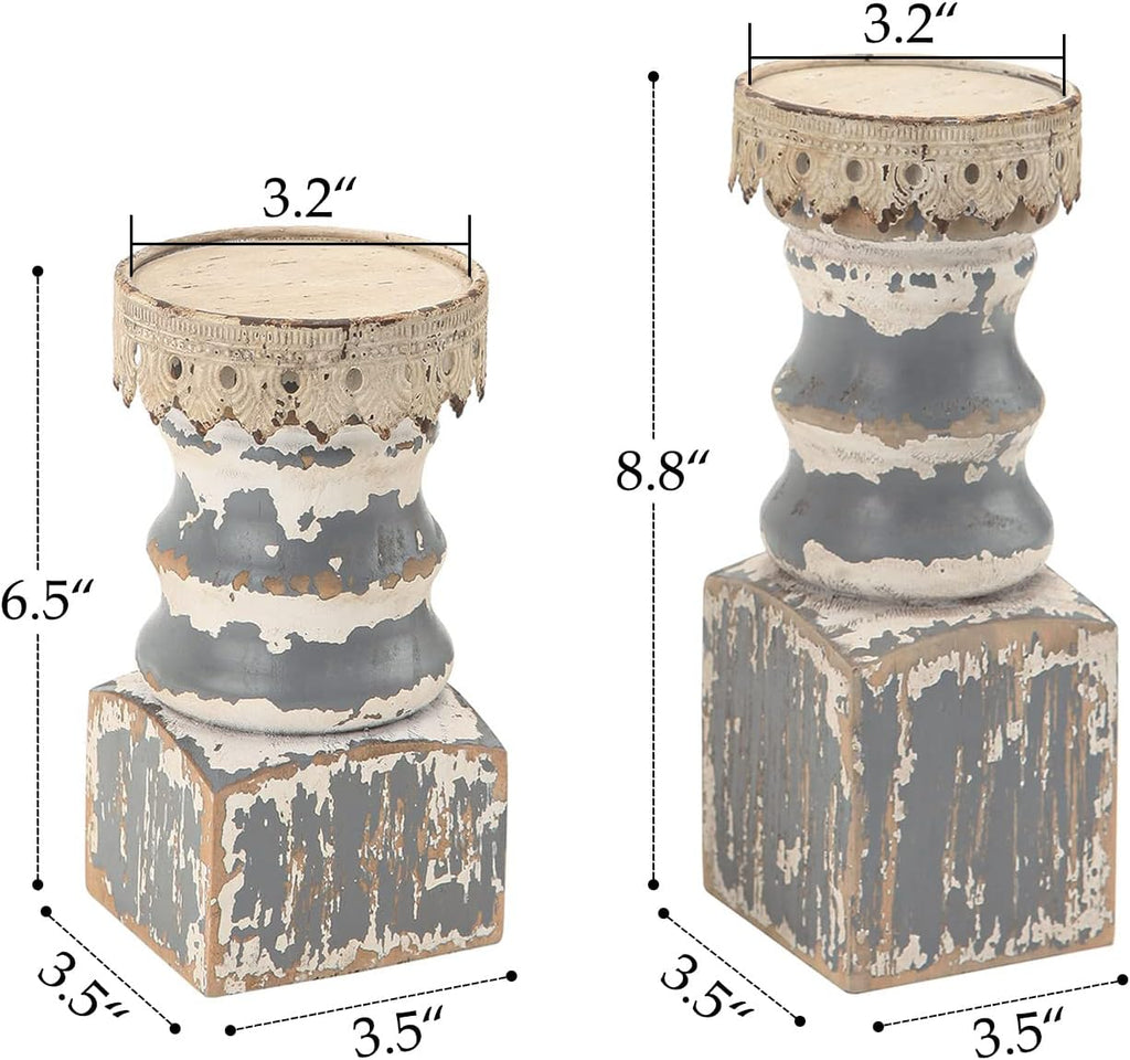 NIKKY HOME Farmhouse Rustic Solid Wood Pillar Candle Holders Set of 2, Grey | Distressed Wooden Candle Pedestals, Decorative Pillar Stands for Mantels, Fireplaces, Centerpieces Tables, Shabby Chic Decor