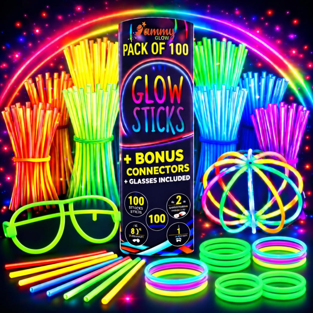 Ammy Glow Glow Sticks (205 Pcs Kit) Bulk Party Pack-100 Pack Glow Sticks with Connectors & Glasses- Party Favors for Kids 8-12- Neon Glow in The Dark Party Supplies for Birthdays & Events