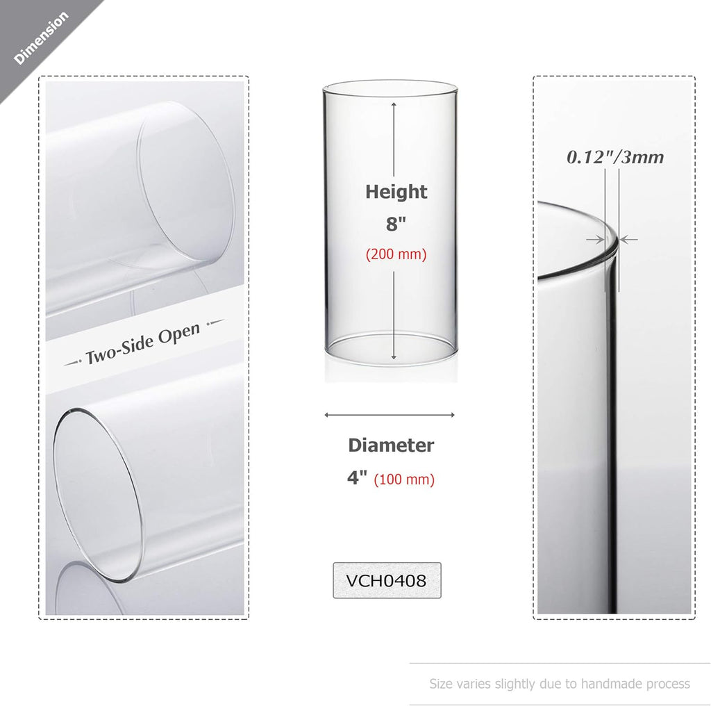 WGVI Hurricane Candle Holder Sleeve, Wide 4", Height 8", Clear Glass Cylinder Candleholder, Chimney Tube, Open Ended Candle Shade, 1 Piece