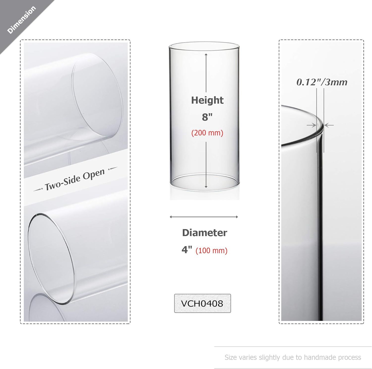 WGVI Hurricane Candle Holder Sleeve, Wide 4", Height 8", Clear Glass Cylinder Candleholder, Chimney Tube, Open Ended Candle Shade, 1 Piece